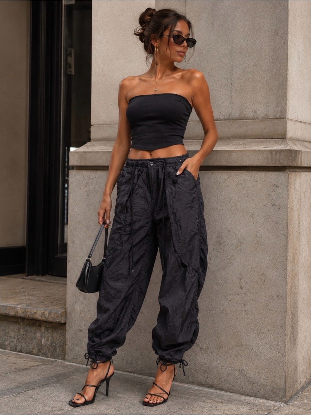 Edikted Black Cargo Drawstring Jogger Pants with Ankle Ties